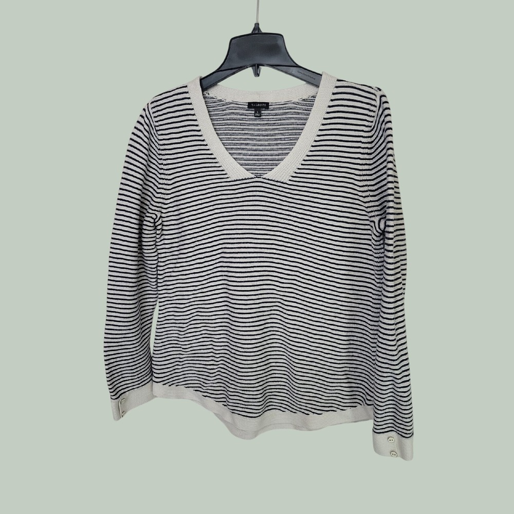 Talbots Sweater Nautical Coastal Preppy Striped V-Neck Knit Navy White Large L